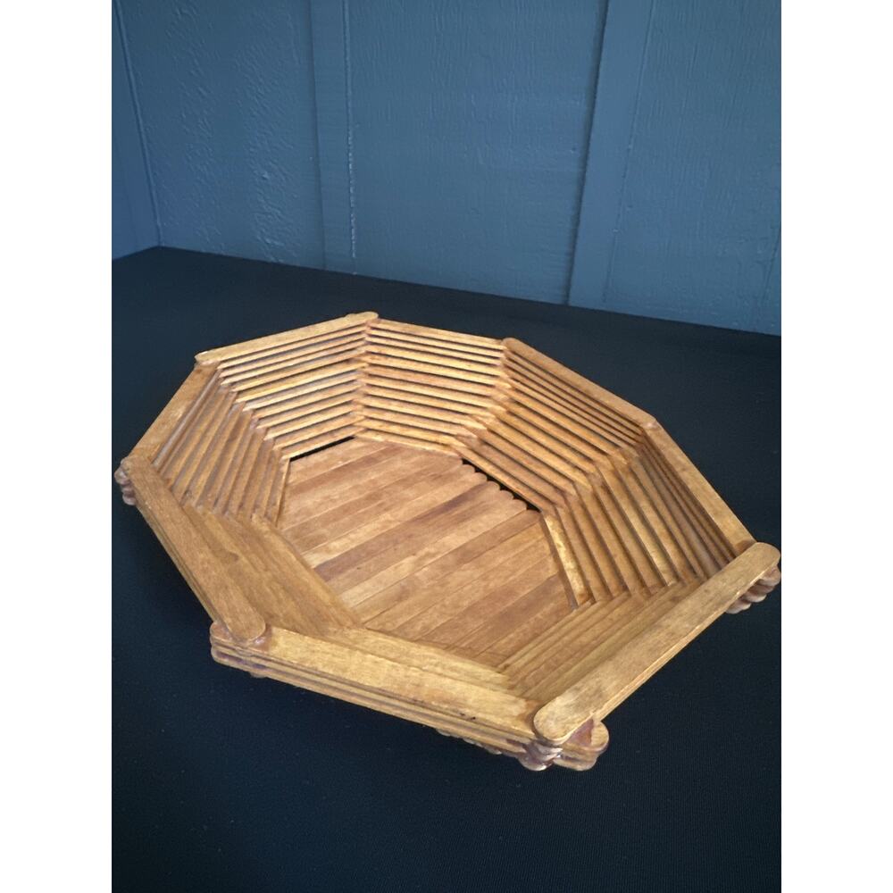 Vintage Tramp Art Popsicle Stick Octagonal Fruit Bowl Bread Basket Folk Art